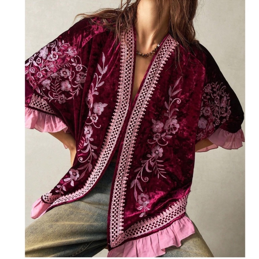 Boho Burgundy Velvet Floral Embroidered Ruffle Detail Kimono Cardigan XS S M L